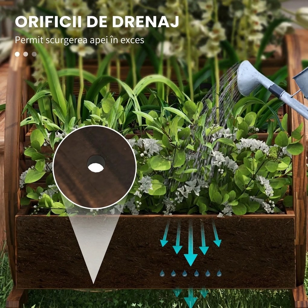 Outsunny Pat de Gradină Înălțat pe 2 Nivele, Jardiniere Căruță din Lemn Finisaj Carbonizat cu Orificii de Drenaj pentru Legume, Flori | Aosom Romania