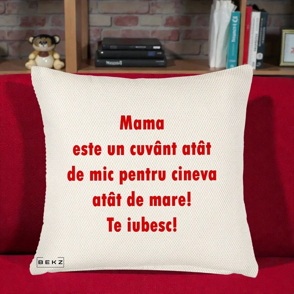 Cadou pentru Mama - Perna Personalizata Mama Cuvant Mic, 40x40 cm, Crem Reliefat, Husa Detasabila, Perna Inclusa, BEKZ®