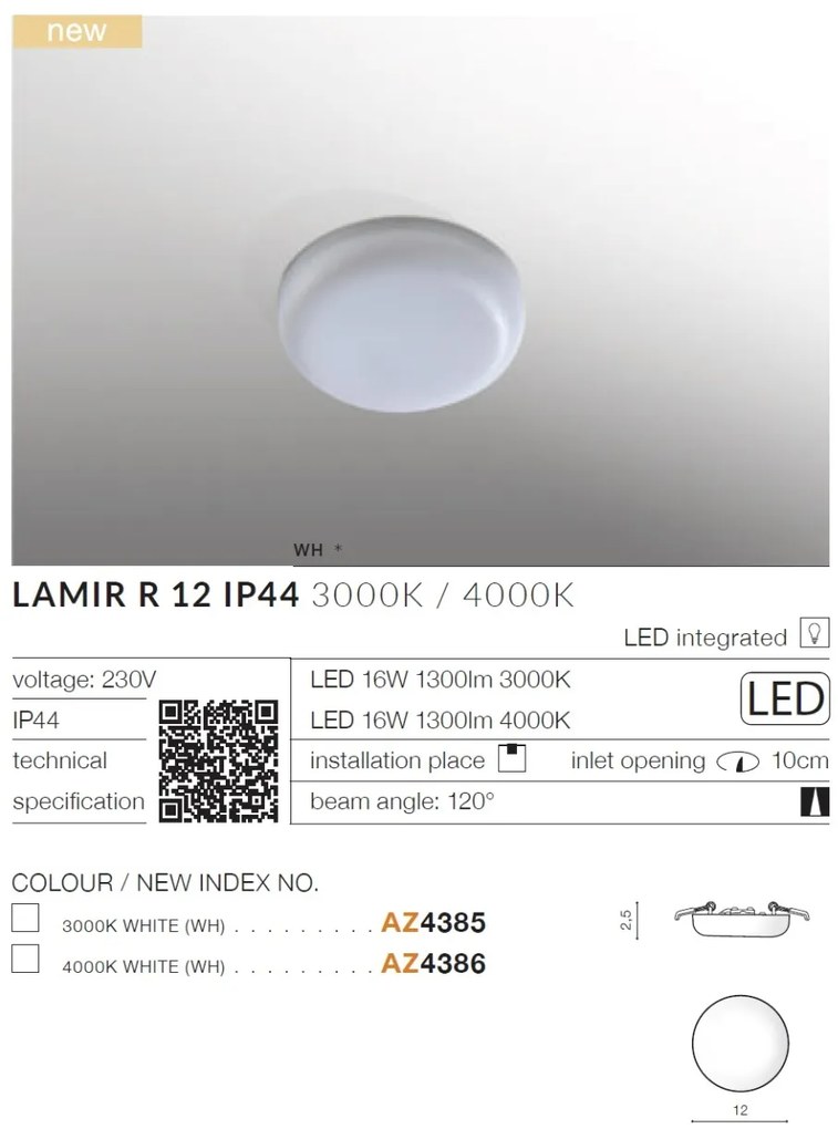 Spot LED incastrabil tavan/plafon baie LAMIR R 12 IP44 3000K