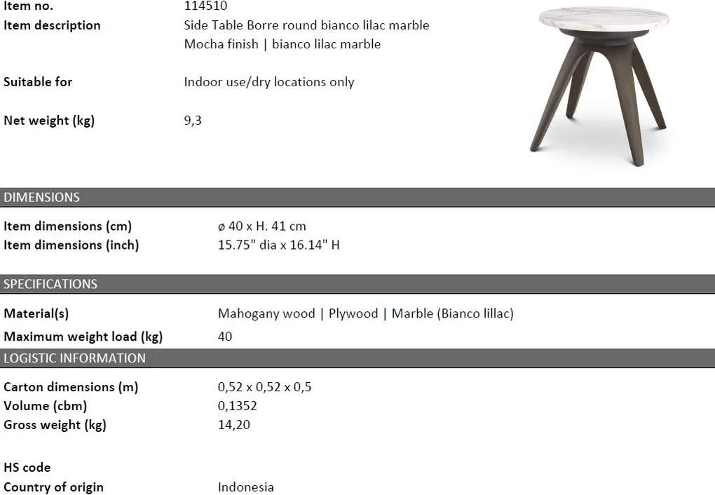 Masuta laterala design LUX cu blat din marmura italiana Borre 40cm