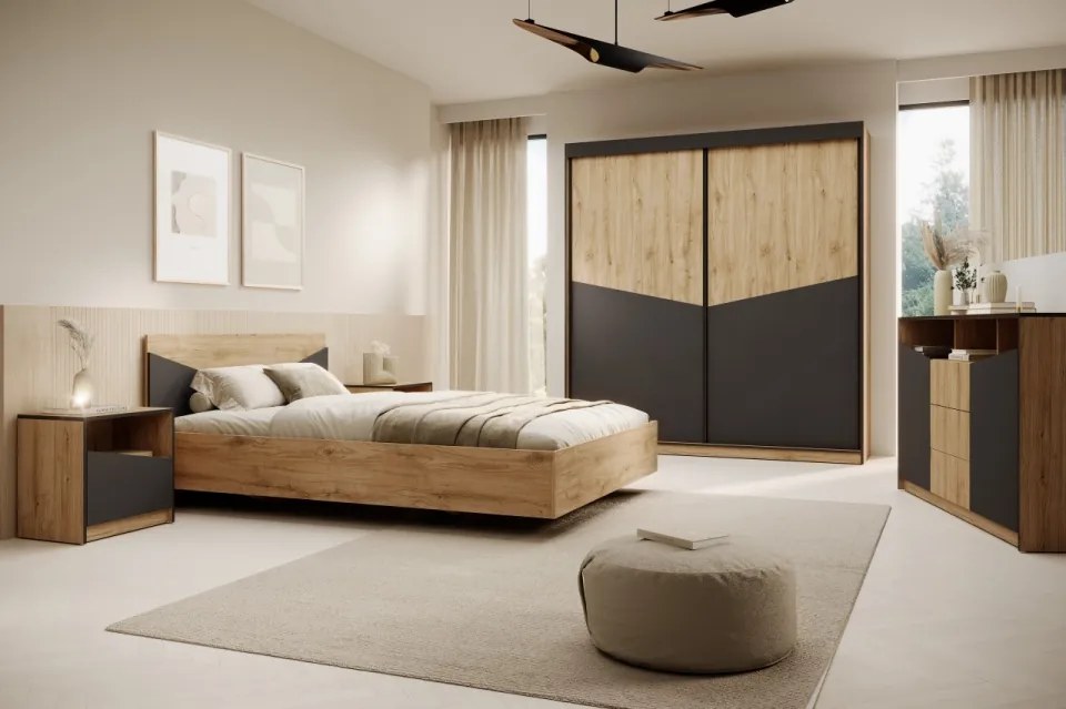 Pat din lemn, Atson, ADRK Furniture (Culoare: Lemn Stejar / Negru)