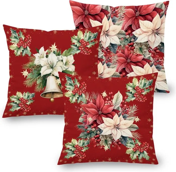 decoDoma Set de 3 fețe pernuțe RED POINSETTIA 45 x 45 cm