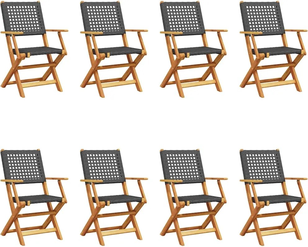 vidaXL Scaune grădină pliabile 8 buc., negru, poliratan și lemn masiv