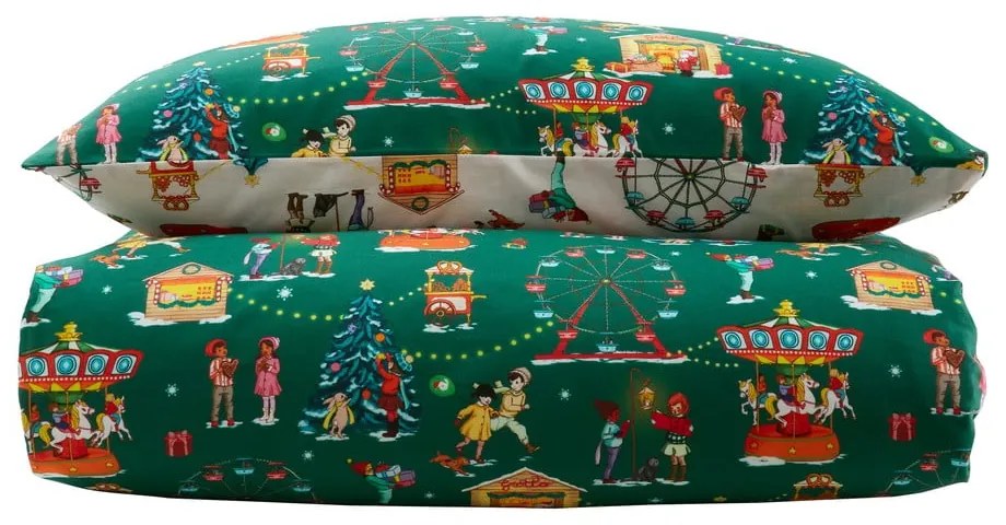 Lenjerie de pat pentru copii verde din bumbac pentru pat dublu 200x200 cm Christmas Fairground – Belle &amp; Boo