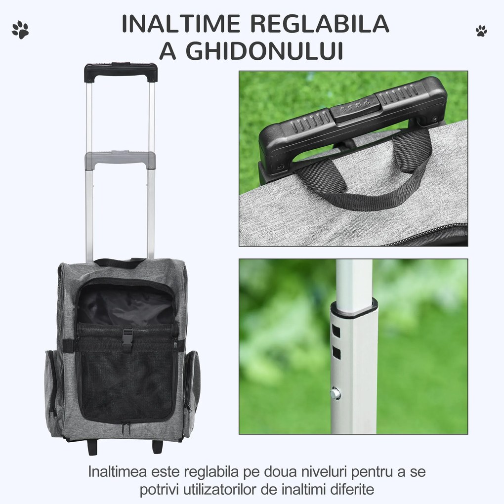 PawHut Rucsac 2 în 1 pentru Câini și Pisici cu Buzunare Laterale, Mâner Telescopic și Roți, 42x25x55 cm, Gri | Aosom Romania