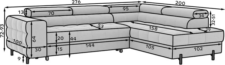 Coltar extensibil Ferruce cu tetiere reglabile L276 cm