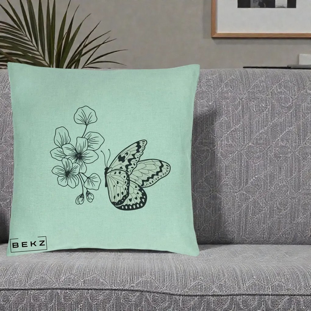 Perna Decorativa Fluture si Flori Linie Monocroma, 40x40 cm, Verde Menta, Husa Detasabila, Perna Inclusa, BEKZ®