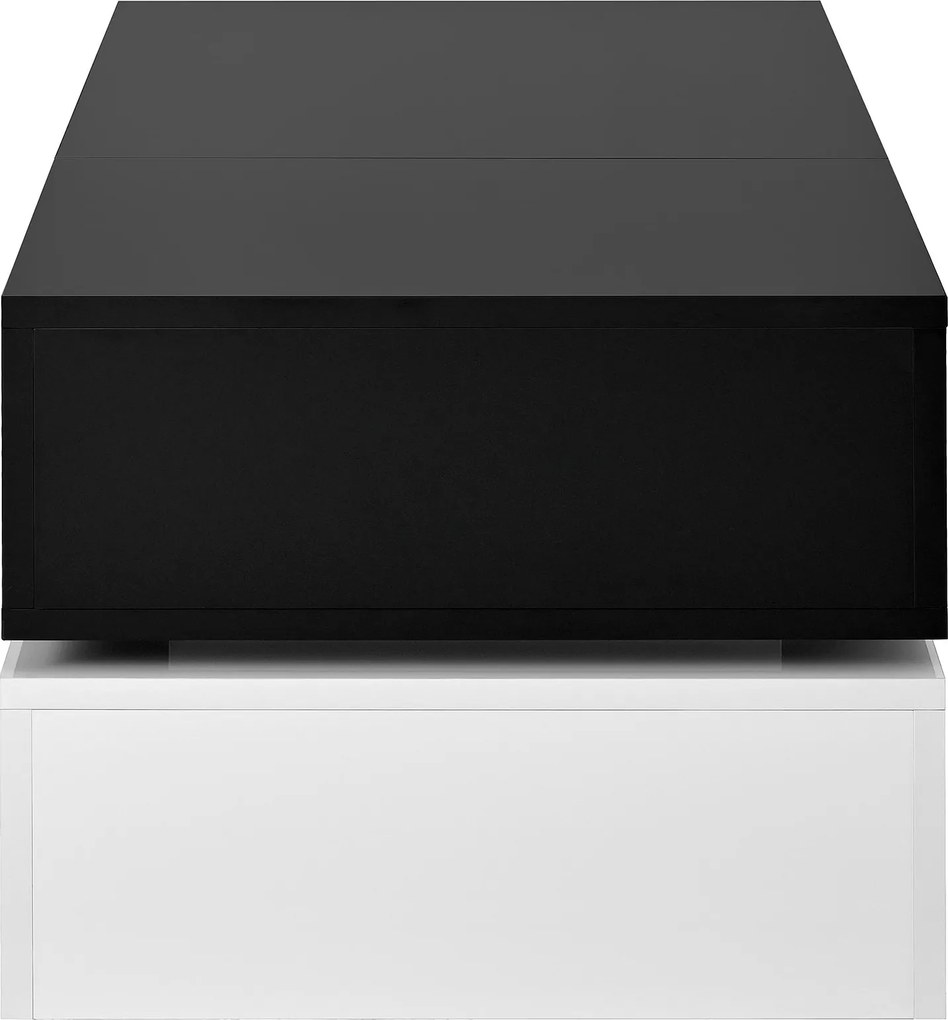 Masă de cafea cu iluminare ambientală LED, poliță din sticlă &amp; finisaj lucios, 90x45x35,5 cm, Negru+Alb