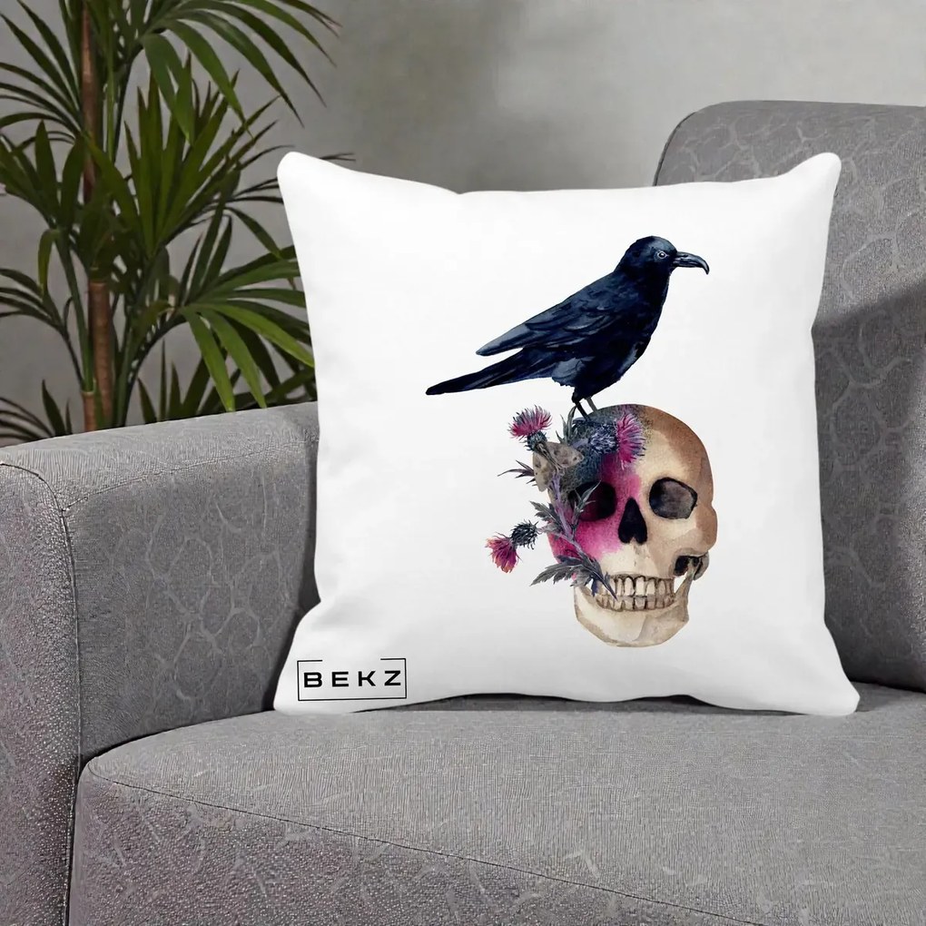 Perna Decorativa Craniu cu Corb si Flori Gothic, 40x40 cm, Alba Mata, Husa Detasabila, Perna Inclusa, BEKZ®