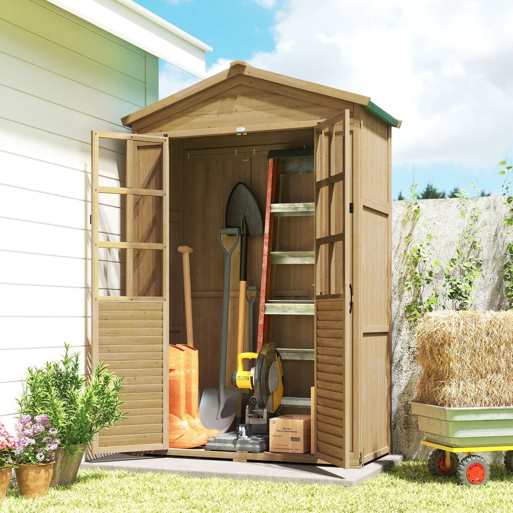 Outsunny Dulap de Grădină din Lemn de Brad cu Rafturi și Ferestre din Acril, Căsuță Depozitare Unelte Exterioare cu Acoperiș Asfaltat, Uși Blocabile, 128x57.5x197 cm, Maro Deschis | Aosom Romania