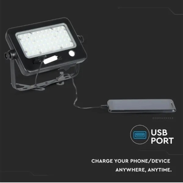 Proiector solar LED reglabil 10W 4000K IP65 cu senzor și port USB