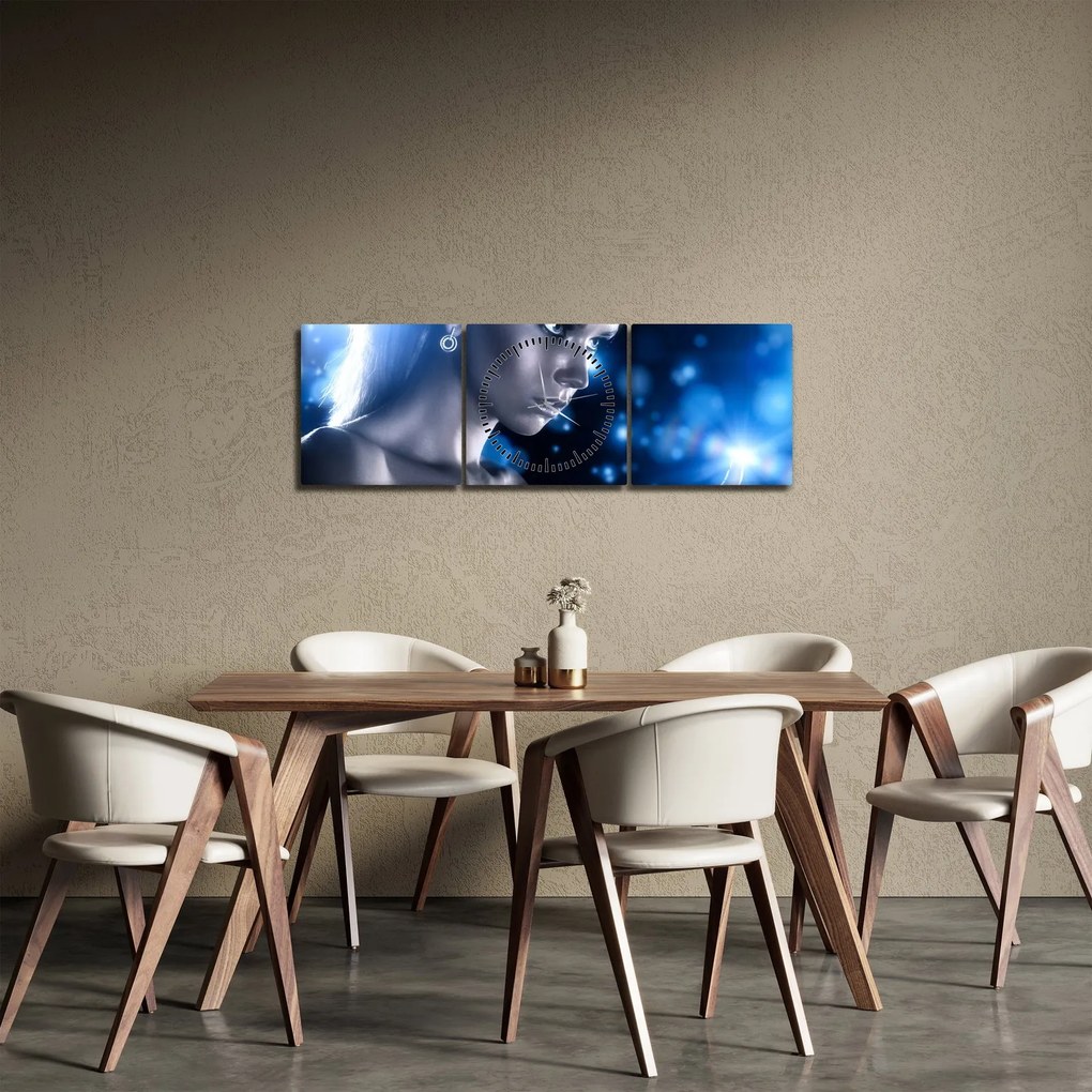 Tablou - Femeia, sclipici albastru (cu ceas) (90x30 cm)