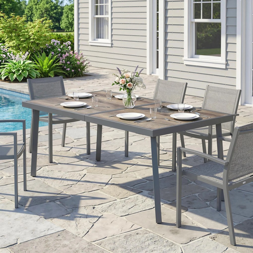 Outsunny Masă de Patio, Masă de Balcon, Masă de Dining pentru Exterior 145 x 85 cm pentru 6 Persoane cu Efect de Lemn, Cadrul din Oțel, Gri | Aosom Romania