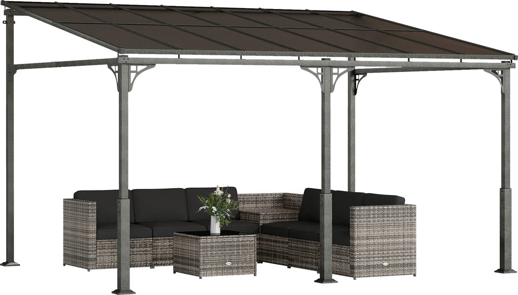 Outsunny Pergolă atașată 4 x 3 m, acoperiș înclinat din policarbonat, cadru metal-aluminiu, montaj pe perete | Aosom Romania