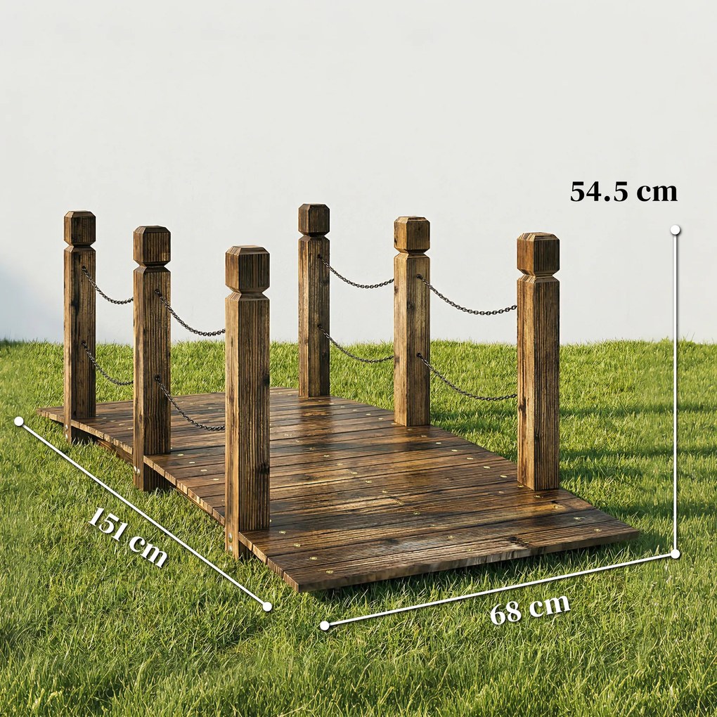 Outsunny Pod de Grădină din Lemn 1,51 m Pod Decorativ pentru Iaz Rustic cu Balustrade de Siguranță Carbonizat | Aosom Romania