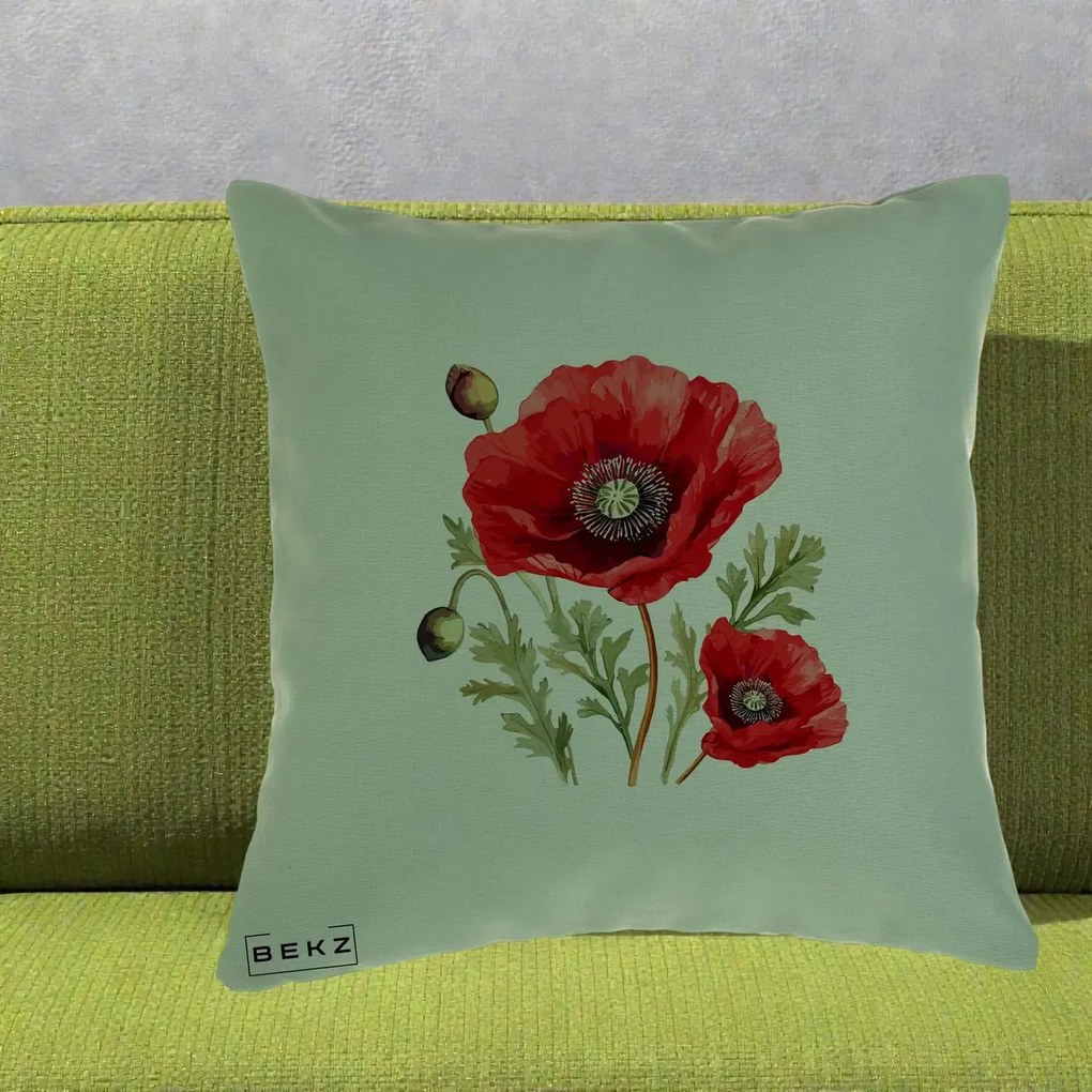Perna Decorativa Maci Rosii Acuarela, 40x40 cm, Verde, Husa Detasabila, Perna Inclusa, BEKZ®
