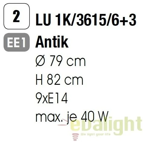 Candelabru design rustic cu 9 brate Rusticka LU 1K/3615/6+3 Antik OR