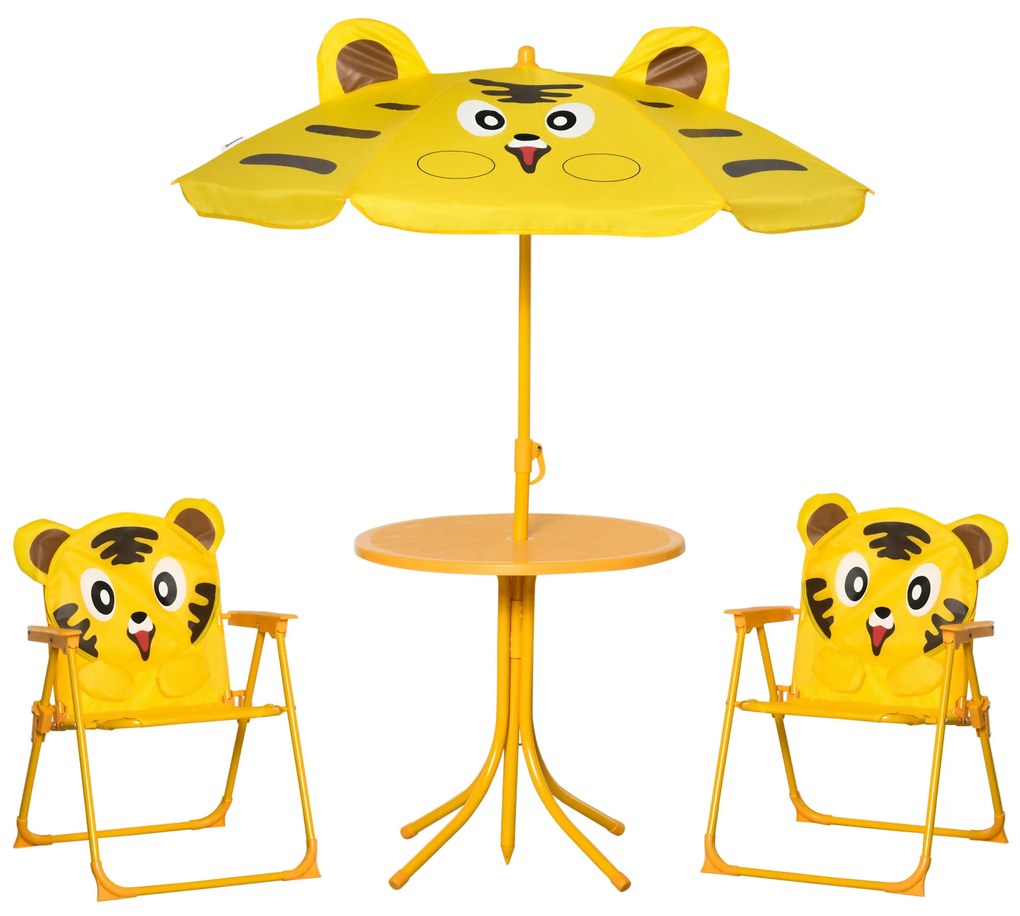 Outsunny Set Mobilier Grădină Copii 4 piese Design Tigrul: Masă rotundă, 2 scaune pliante, umbrelă, metal epoxid galben | Aosom Romania