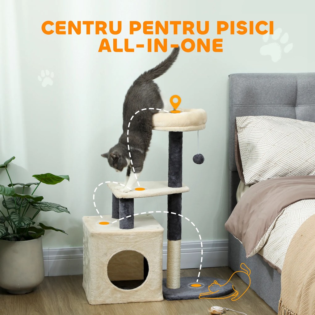 PawHut Arbore zgârietor pentru pisici, înalt de 92 cm, cu căsuță, culcuș, stâlpi din sisal și bila, crem alb | Aosom Romania