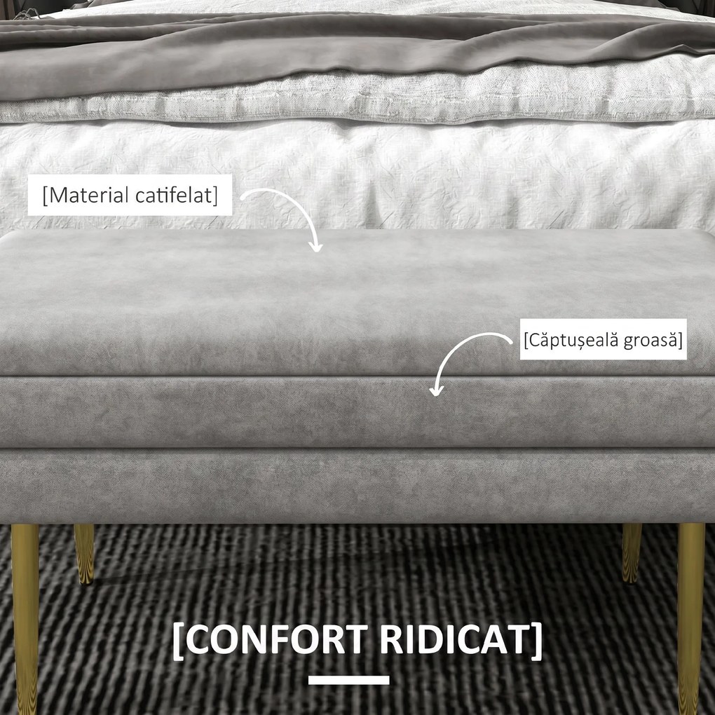 HOMCOM Bancă Otomană Tapițată, Picioare Aurii, Design Modern pentru Living și Dormitor, Gri | Aosom Romania