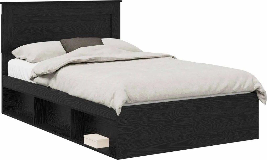 vidaXL Cadru de pat cu headboard Negru 135 x 190 cm Lemn de pin masiv