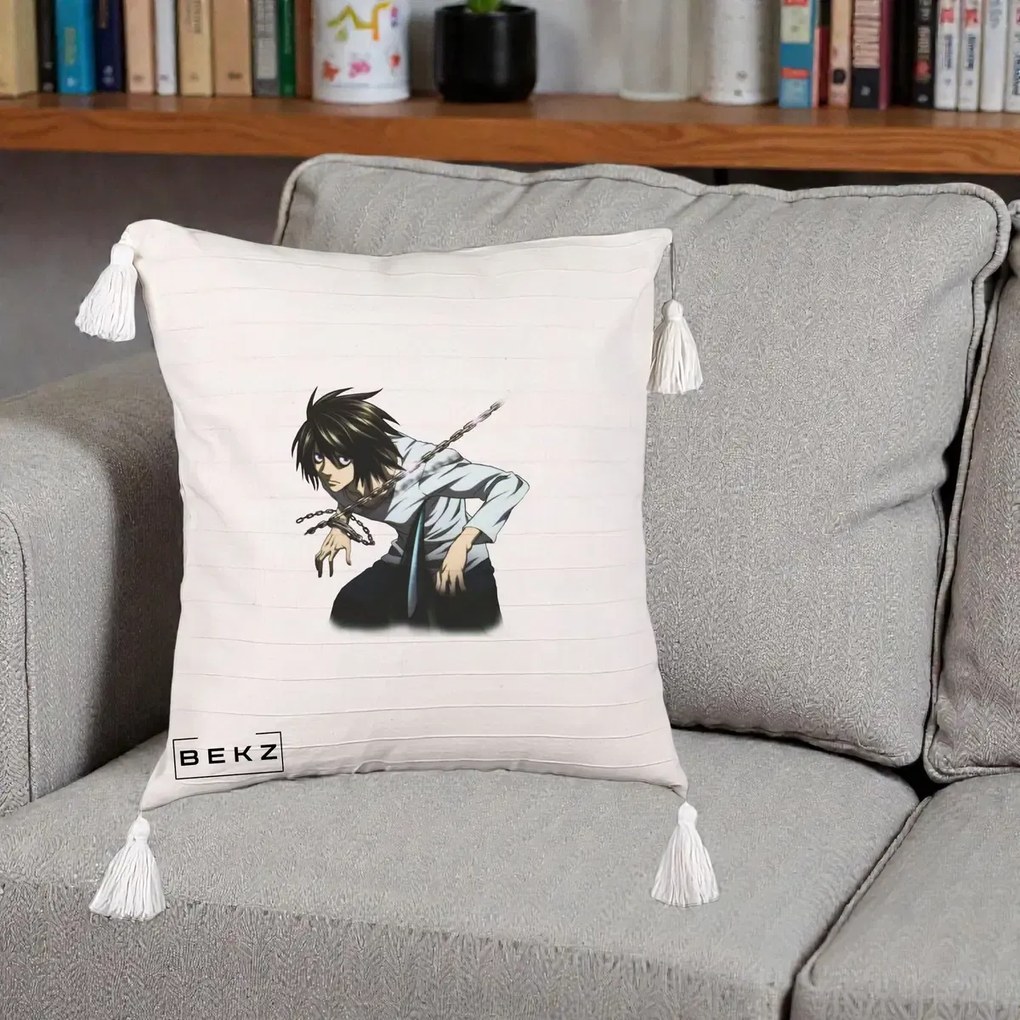 Perna Personalizata Death Note L Lawliet Lanturi, 40x40 cm, Bej cu Franjuri, Husa Detasabila, Perna Inclusa, BEKZ®