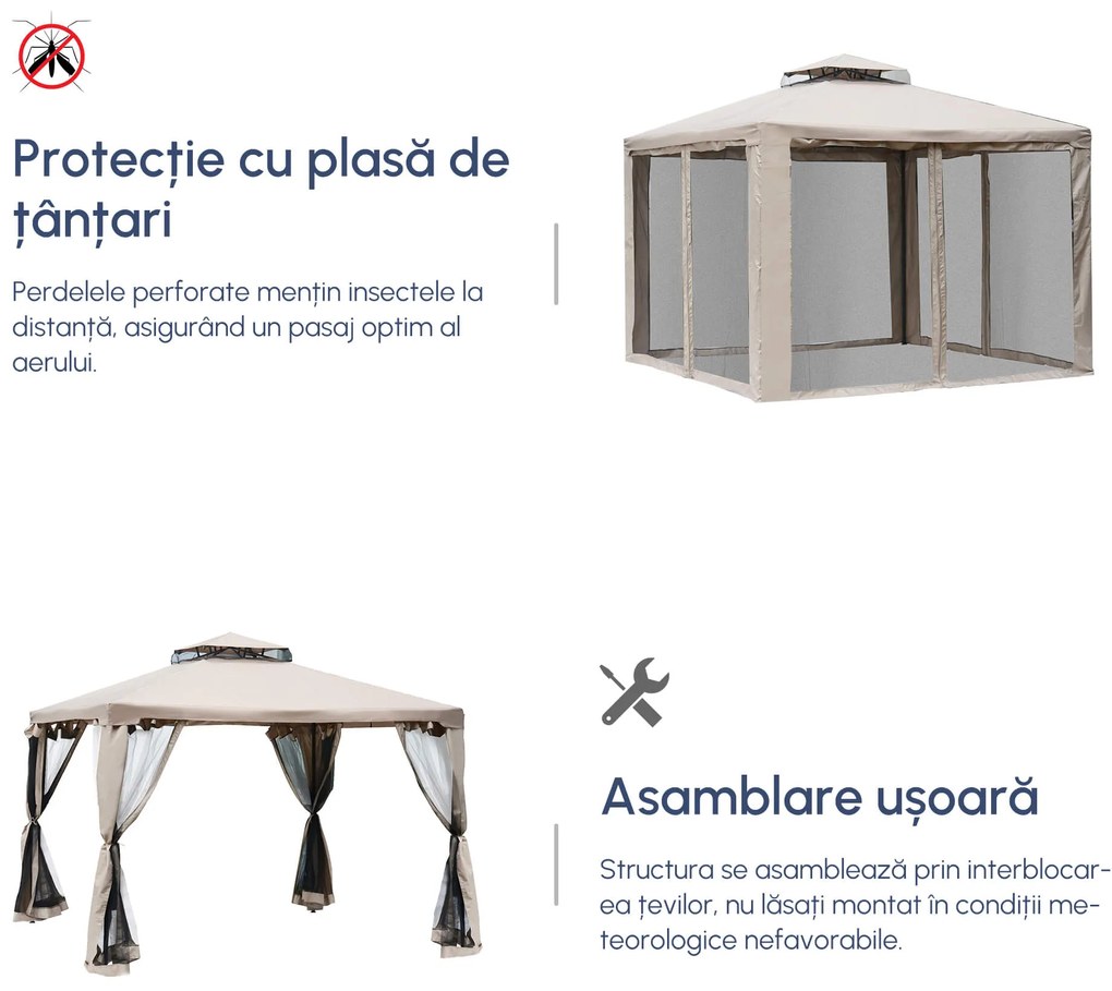 Pavilion Outsunny cu Plasă Anti-Țânțari, Structură din Metal și Poliester, Ideal pentru Grădină, 294x294cm | Aosom Romania