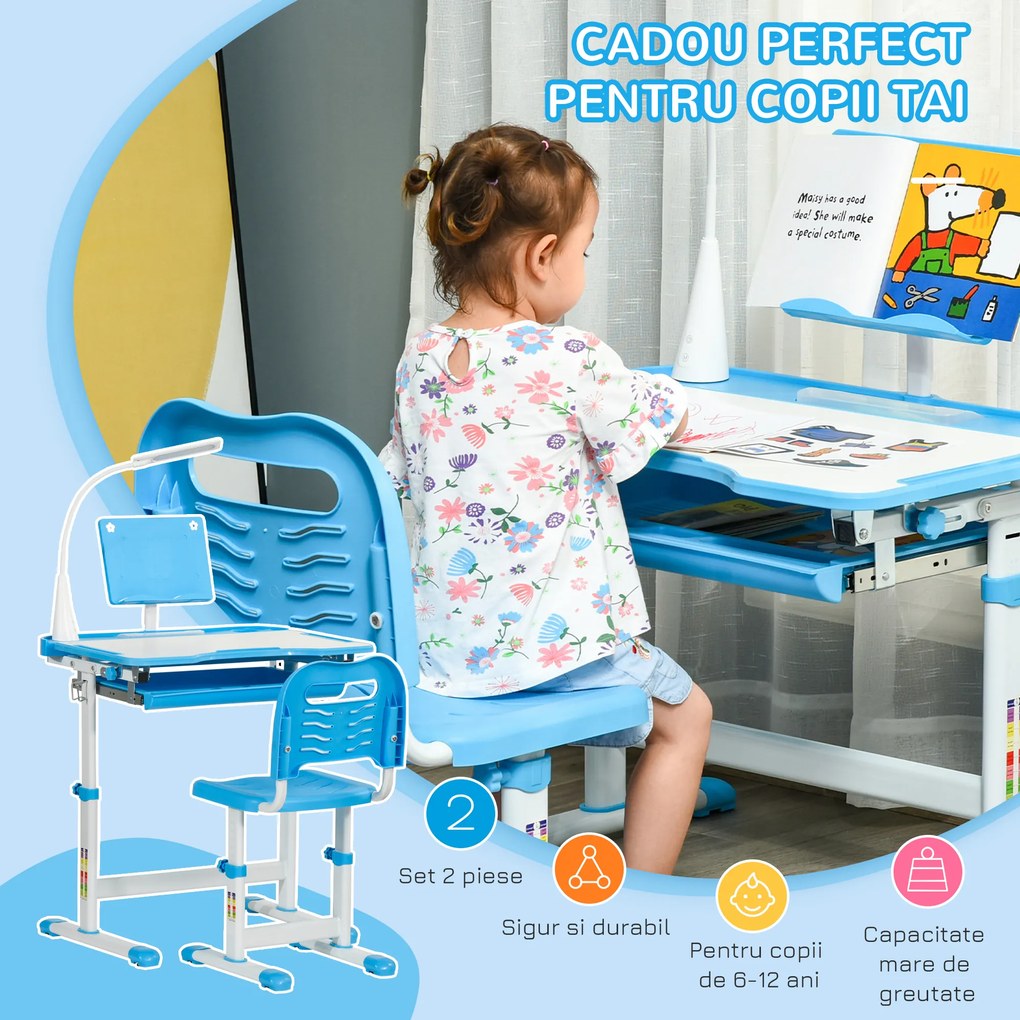 HOMCOM Birou Copii de 6-12 ani cu Lampa, masa cu scaune copii, cu design Ergonomic, Inălțimea Reglabilă, 70x49.5x80-105 cm | Aosom Romania