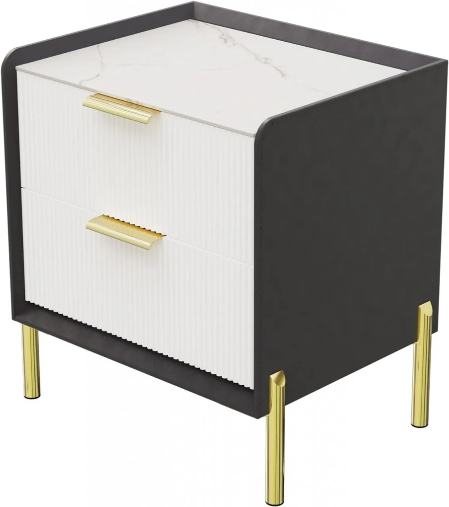 NOG3 - Set 2 Noptiere, 48 cm, cu 2 sertare pentru dormitor, Piele Ecologica si Riflaje - Gri- Alb - Auriu