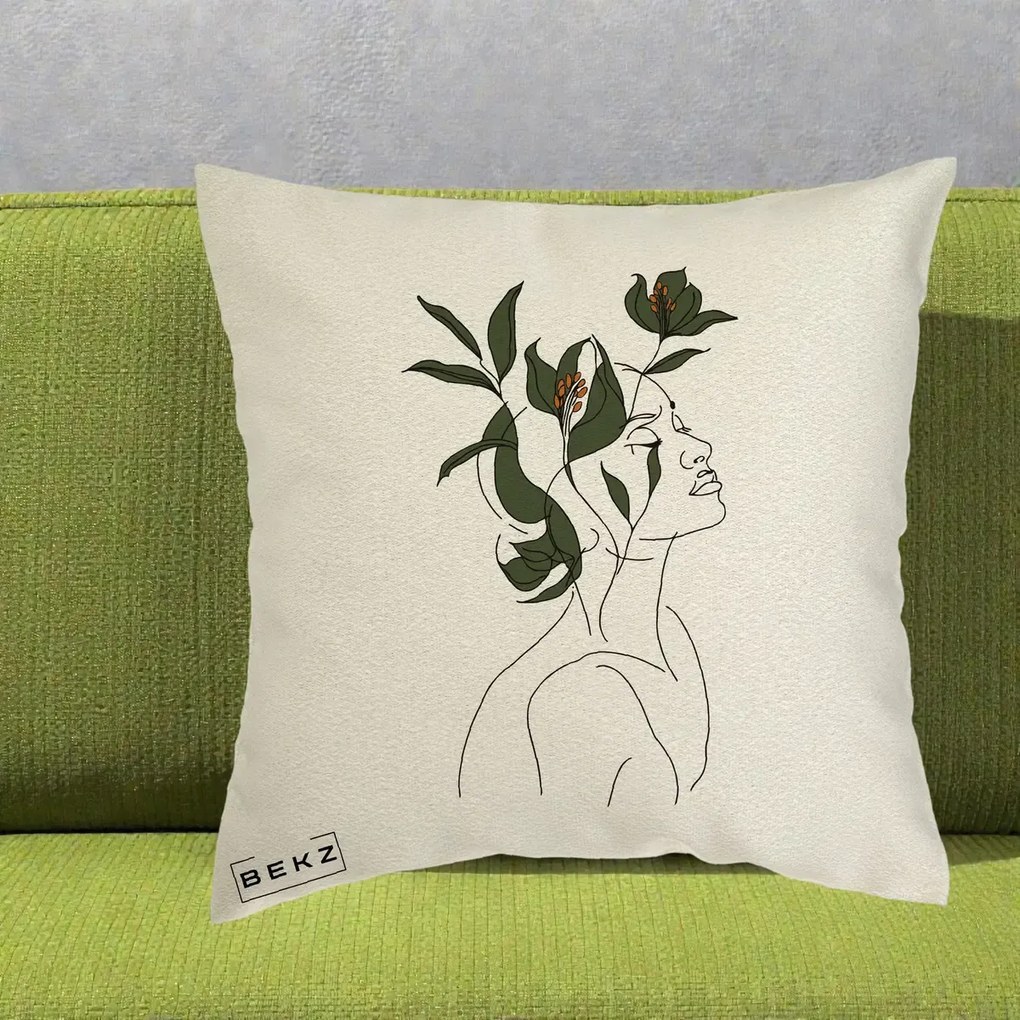 Perna Decorativa Portret Feminin Crin Verde, 40x40 cm, Ecru, Husa Detasabila, Perna Inclusa, BEKZ®