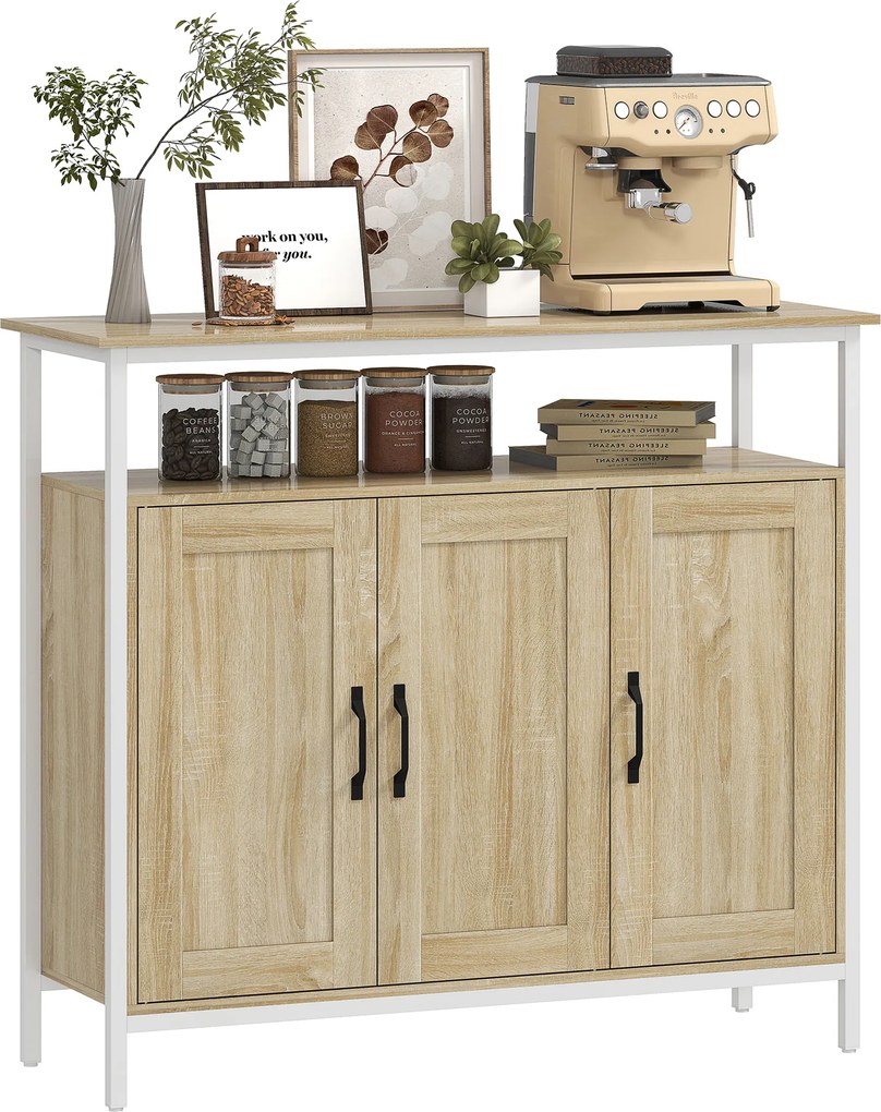 HOMCOM Bufet, corp de depozitare cu 3 uși, compartiment deschis și 4 rafturi reglabile, 100 x 35 x 88 cm, lemn natural | Aosom Romania