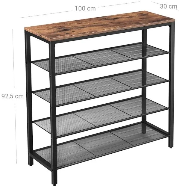 Suport incaltaminte TAYLOR maro cu structura neagra 100x92,5 cm, 4 rafturi