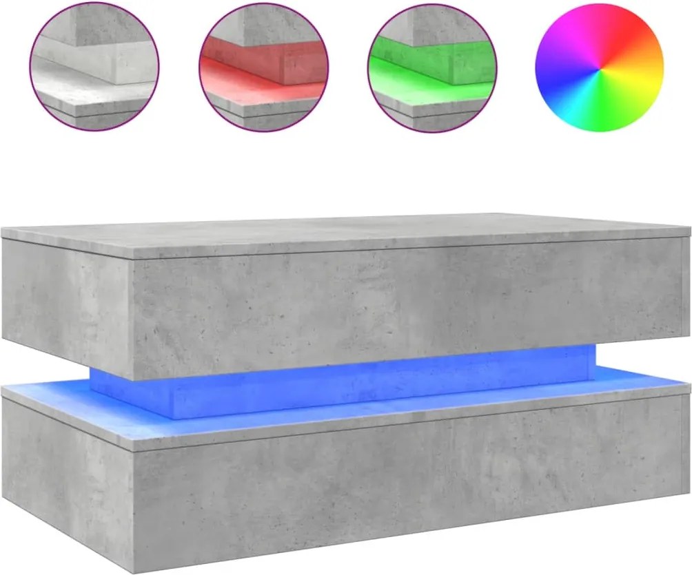 vidaXL Măsuță de cafea cu lumini LED, gri beton, 90x50x40 cm