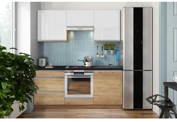 Mobilier de bucătărie MARINA 180 cm, stejar craft/alb lucios