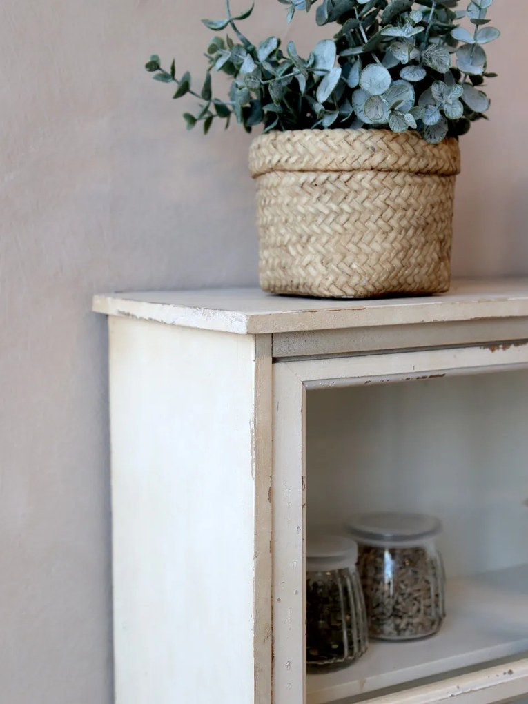 Dulap de perete shabby chic, alb antichizat, cu uși glisante din sticlă