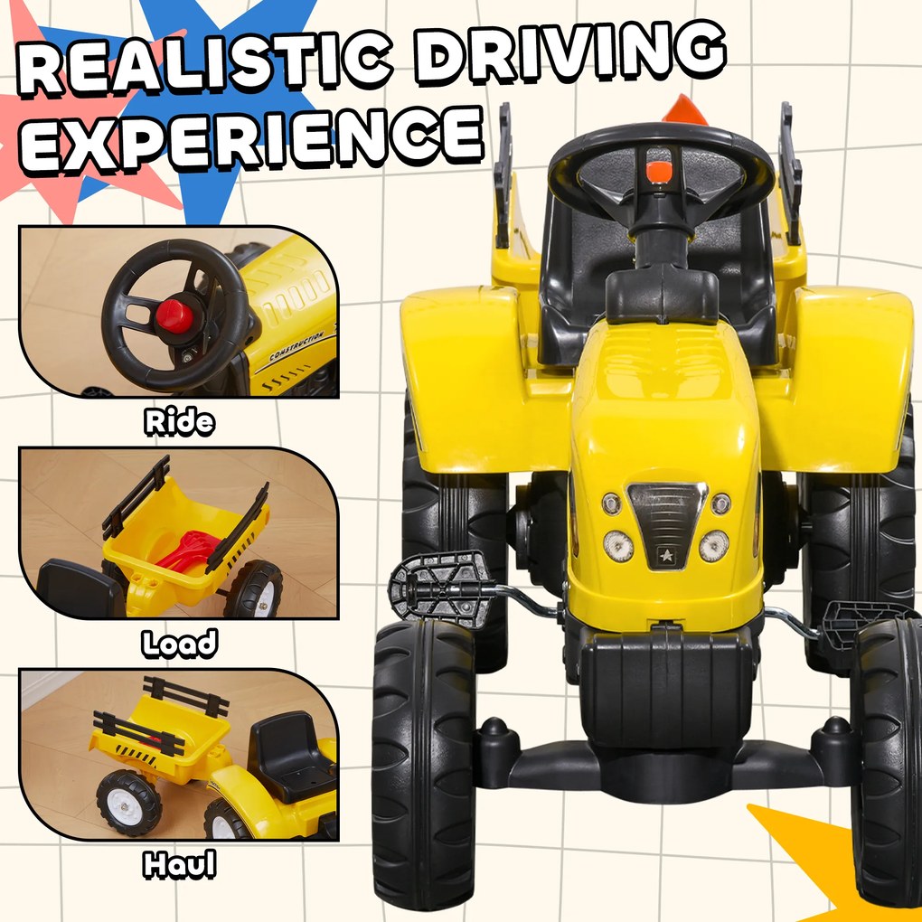 HOMCOM Tractor de Pedalat pentru Copii de 3+ Ani cu Remorcă, Greblă, Lopată și Claxon, 133x42x51 cm, Galben | Aosom Romania