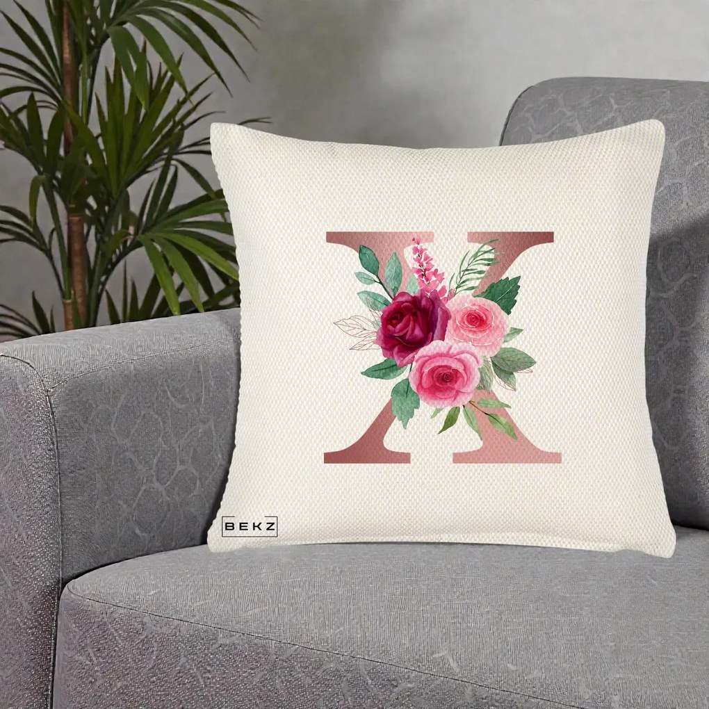 Cadou Personalizat - Perna Personalizata Monograma Rose Gold Litera X, 40x40 cm, Crem Reliefat, Husa Detasabila, Perna Inclusa, BEKZ®