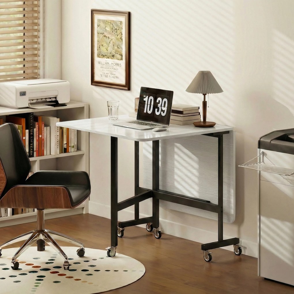 HOMCOM Masă de Dining Pliabilă, Masă Rabatabilă cu Roți și Frâne pentru 4-6 Persoane, Birou Compact cu Structură din Oțel, pentru Living, 120x80x73 cm, Alb cu Aspect de Lemn | Aosom Romania