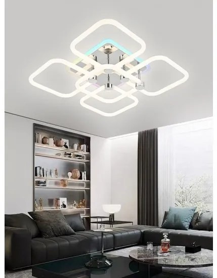 Lustra LED Cu Telecomandă, 3 Tipuri De Lumină Plus Lumina RGB, Intensitate Reglabilă, 63W, Alb-Argintiu