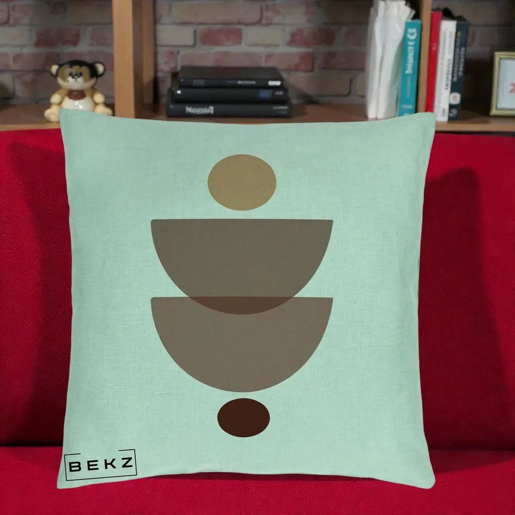 Perna Decorativa Geometric Boho Semicercuri Brun, 40x40 cm, Verde Menta, Husa Detasabila, Perna Inclusa, BEKZ®