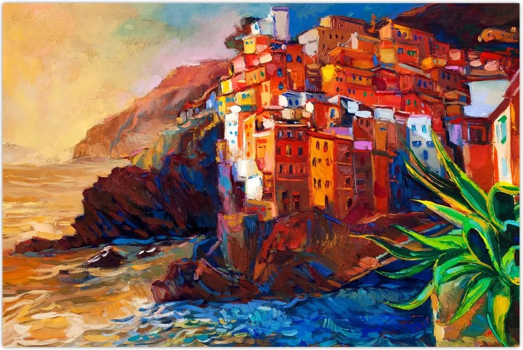 Tablou - Satul de coastă Cinque Terre, Riviera italiană, impresionismul modern (90x60 cm)