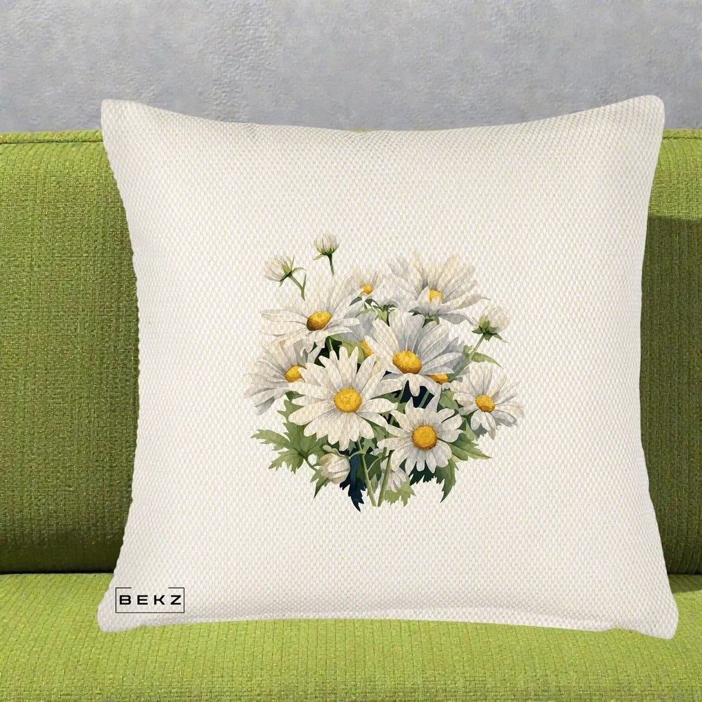 Perna Decorativa Buchet Margarete Albe Acuarela, 40x40 cm, Crem Reliefat, Husa Detasabila, Perna Inclusa, BEKZ®