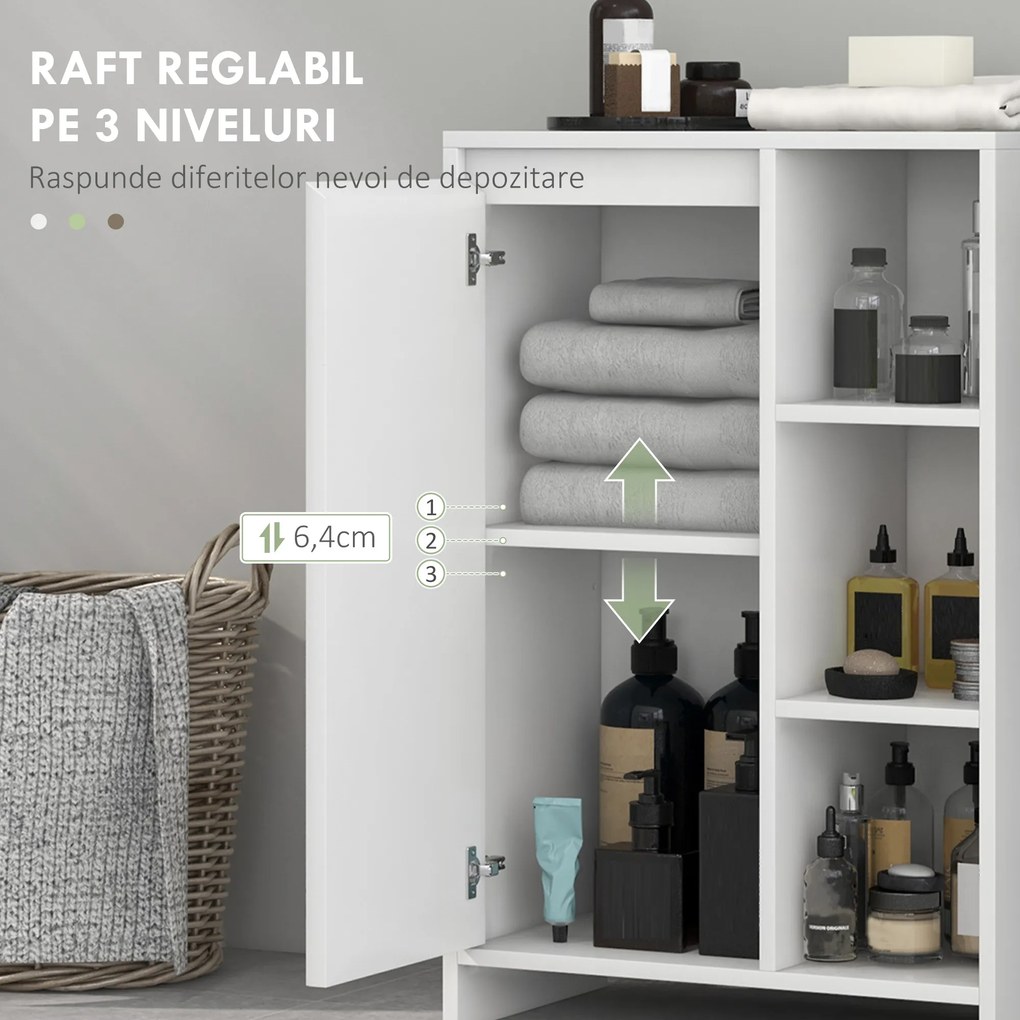 HOMCOM Dulăpior de Baie cu 3 Rafturi Deschise, un Dulăpior cu o Ușă și Raft Interior Reglabil, 53x30x80 cm, Alb | Aosom Romania