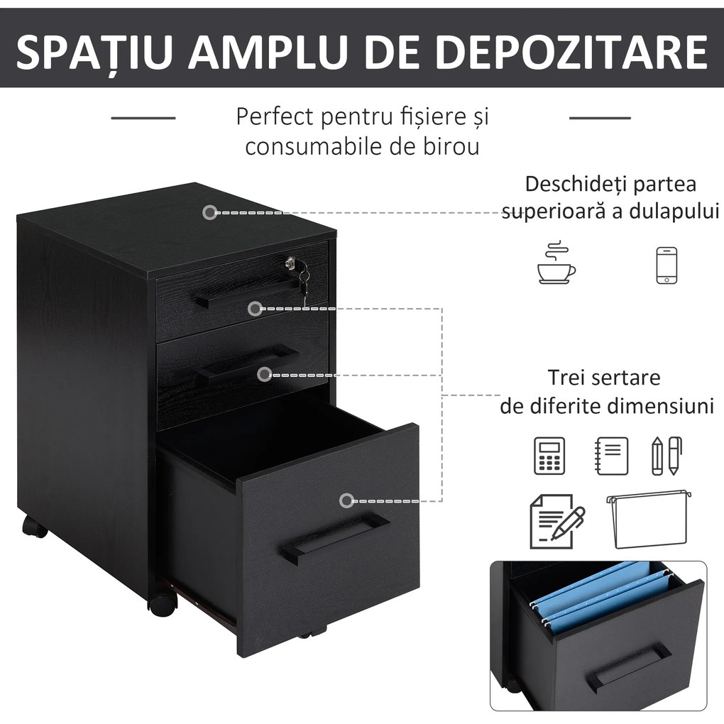 HOMCOM Comodă pentru Birou cu 3 Sertare și 5 Roți, Suport Documente, 39,2x40x65,4 cm, Negru | Aosom Romania