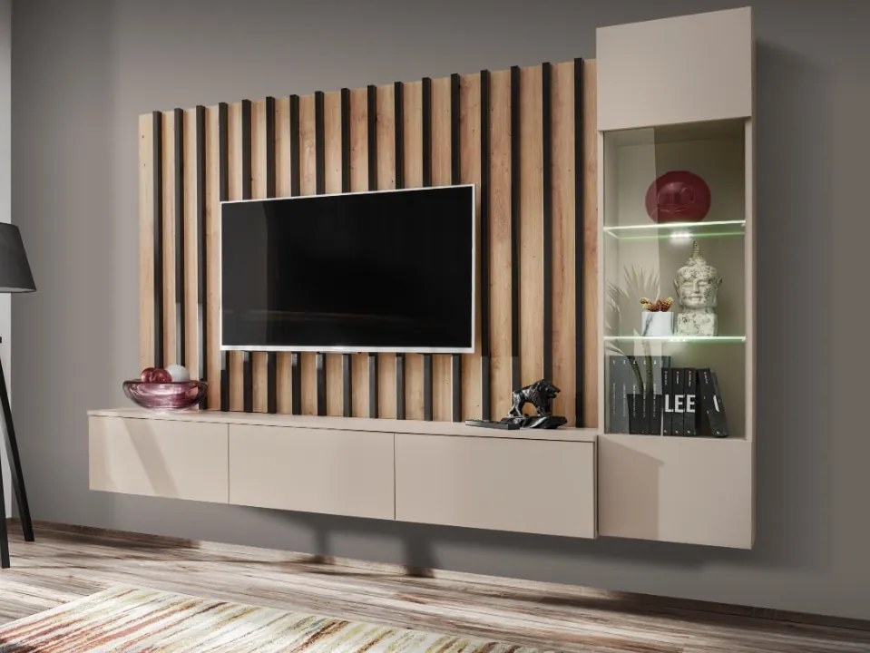Set mobila living, suspendata, prindere perete, cu riflaj inclus, usi deschidere prin apasare, vitrina cu led, stejar artisan-negru lamelele casmir