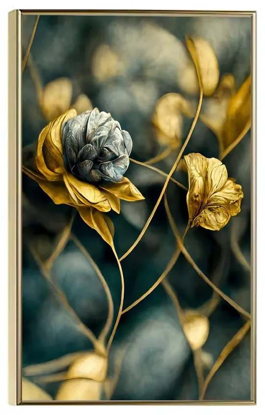 Tablou poster inramat, blue and gold flower, 80x60 cm, rama aurie