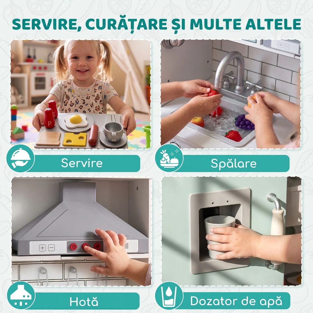 AIYAPLAY Bucătărie din lemn pentru copii, cu lumini, sunete, accesorii, frigider, cuptor și aparat de cafea, verde deschis | Aosom Romania