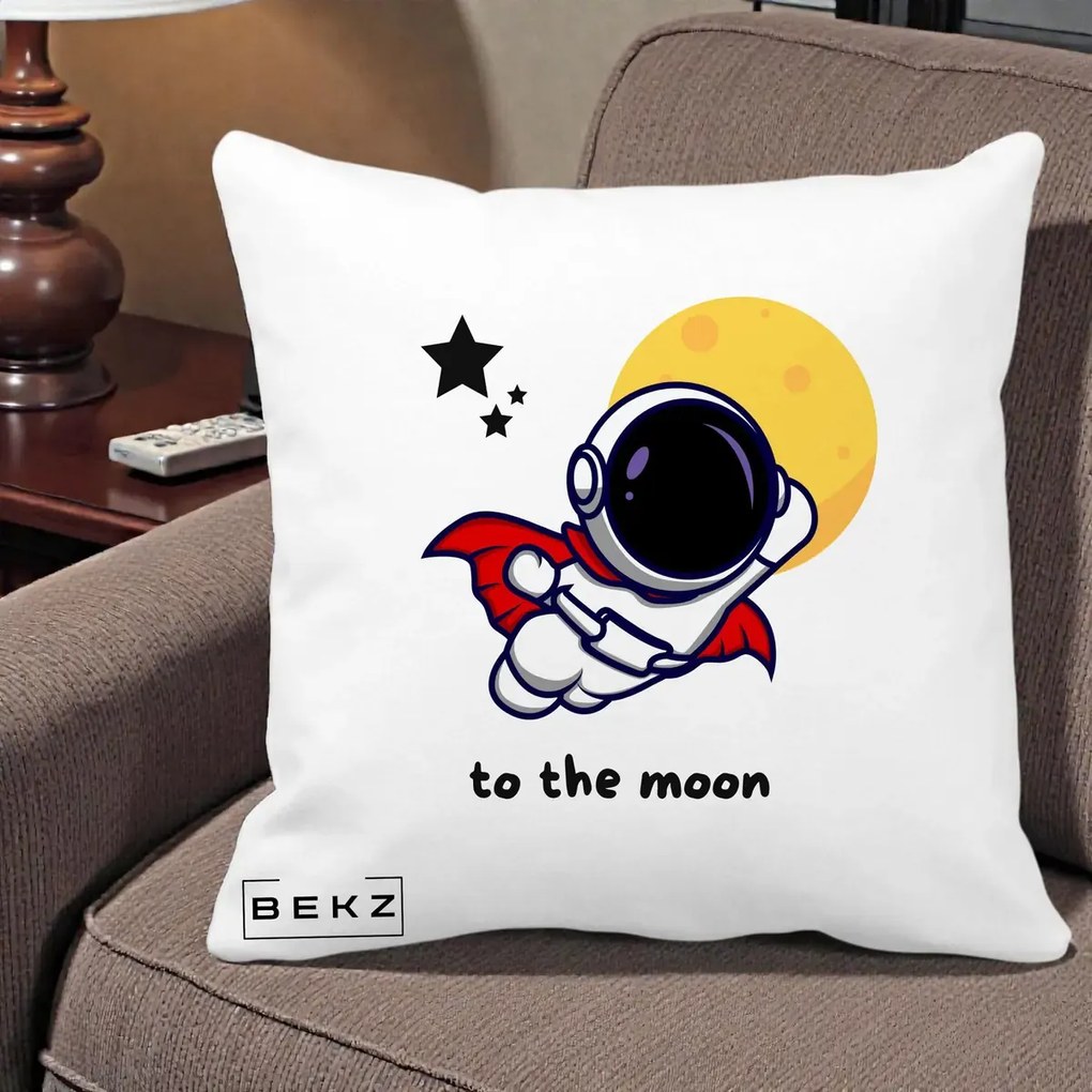 Perna Decorativa Astronaut To The Moon, 40x40 cm, Alba Mata, Husa Detasabila, Perna Inclusa, BEKZ®