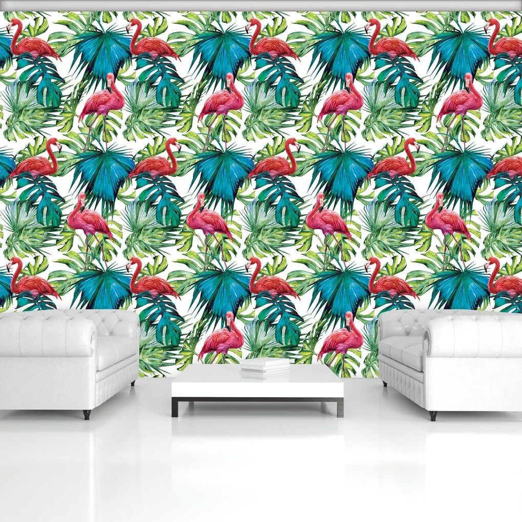 Fototapet - păsări flamingo și frunze (152,5x104 cm)