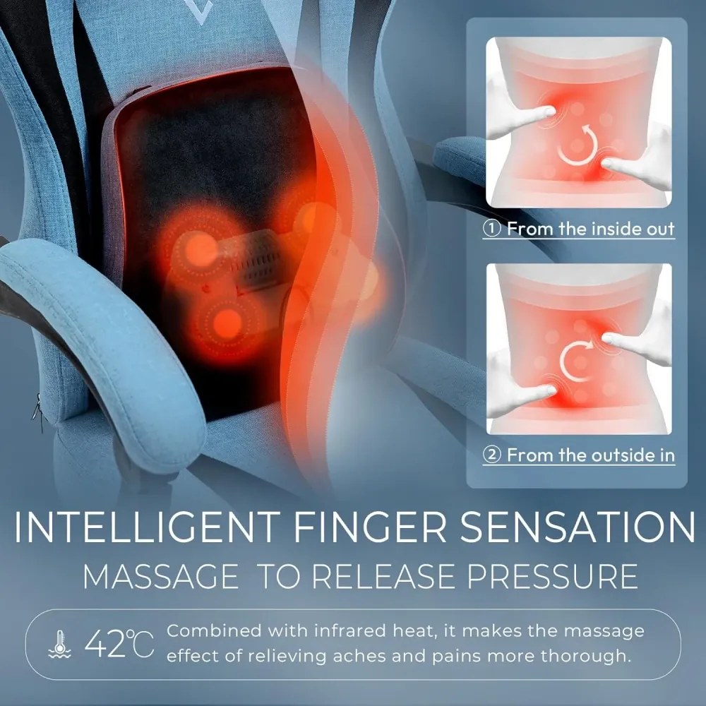 ErgoRelax Pro JD– Scaun Gaming Ergonomic, Masaj Lombar si Incalzire, Spătar Rabatabil 155°, Suport picioare, Material textil, Albastru/Negru